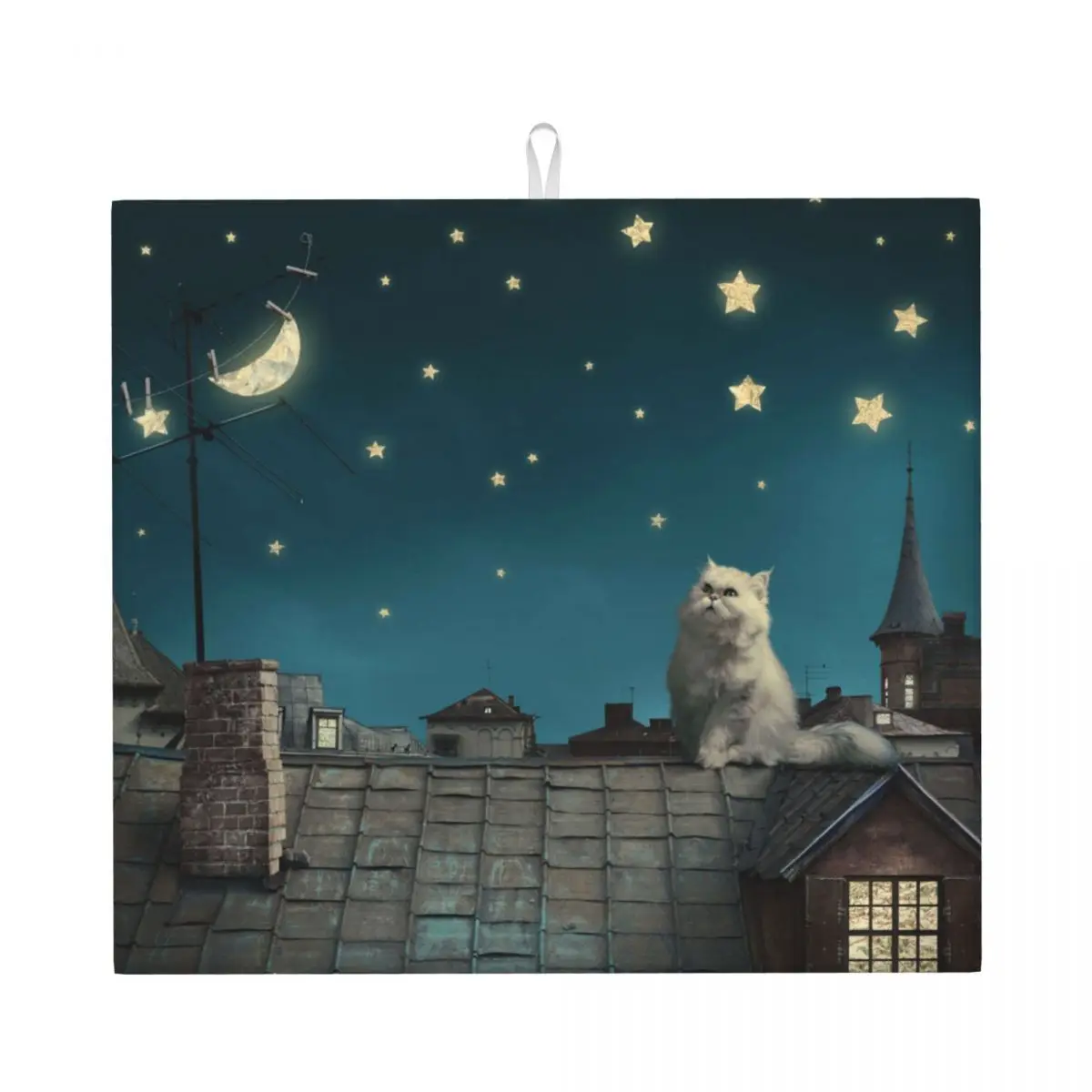 

White Cat Under The Night Sky Dish Drying Mat For Kitchen Mud Drain Pad Dishes Cup Bottle Draining Mat