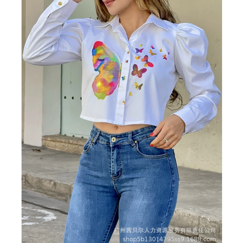 

Shirt Tops for Women Spring Summer Fashion Butterfly Print Shirt Women Casual Puff Sleeve Turn-down Collar Short Shirt