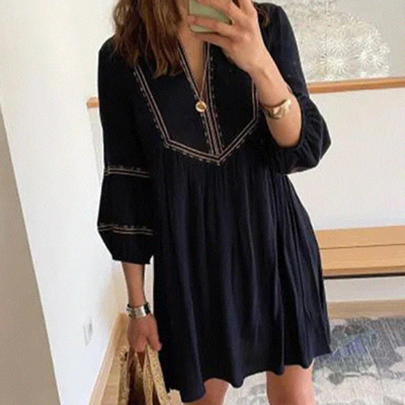 

Women Vintage Harajuku Autumn Loose Dress Casual V-Neck Lantern Sleeve Mini Dresses Fashion Print Ladies Pullover Dress Vestidos