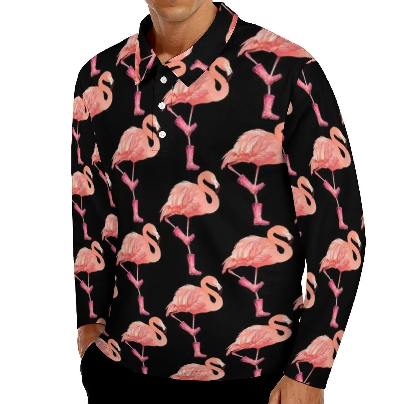 

Flamingo Casual Polo Shirt T-Shirts Long Sleeve Graphic Shirt Spring Y2K Oversized Tops Gift