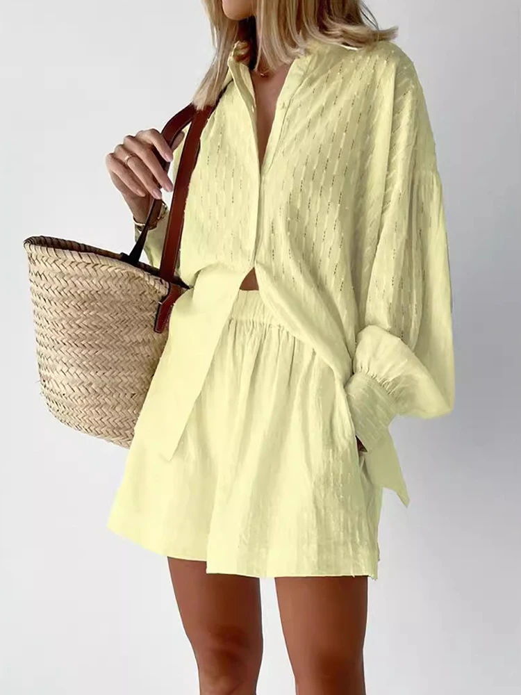 Женский элегантный повседневный костюм с длинным рукавом и шортами комплект из