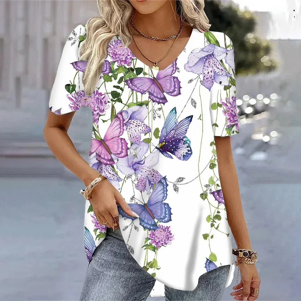3D Butterfly Printed Short Sleeve T-shirt Korean Style Women's Clothes 2024 V-neck Sleeves Tees Shirt Loose Casual Blouses