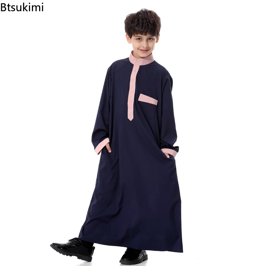 Boy Kids Muslim Saudi Arab Boys Robe Kids Abaya Kaftan Prayer Islam Clothing Long Sleeve Thobe Middle East Teenage Dress Dubai
