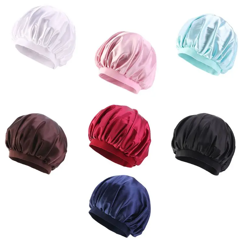 

Women Imitation Silk Bonnet Sleep Cap Sweet Solid Candy Color Wide Elastic Band