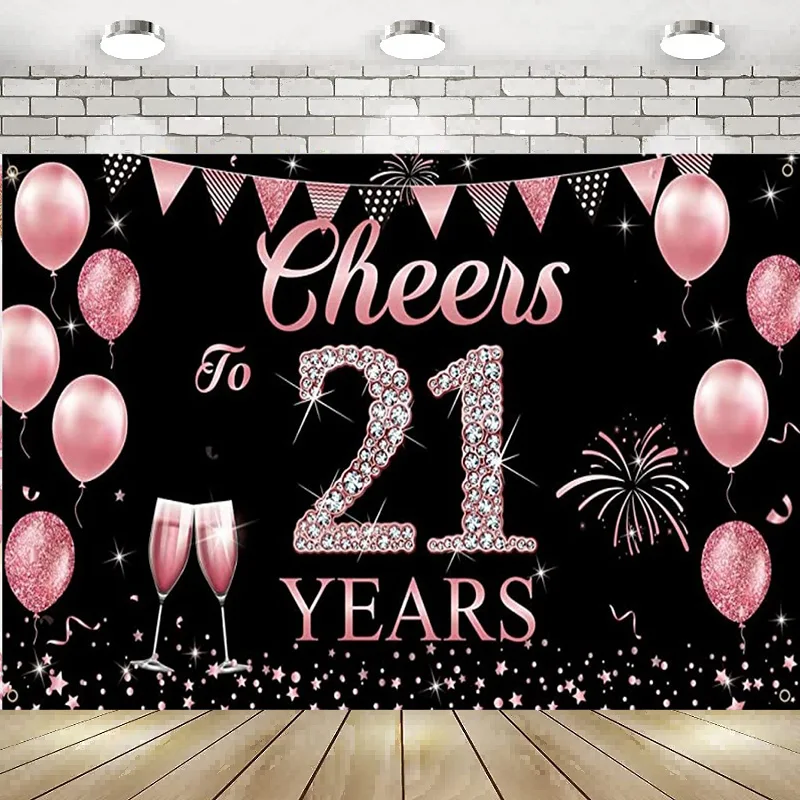 

21st Birthday Photography Backdrop Decorations Cheers Banner Rose Gold Background Poster Party Balloon Gift Lover