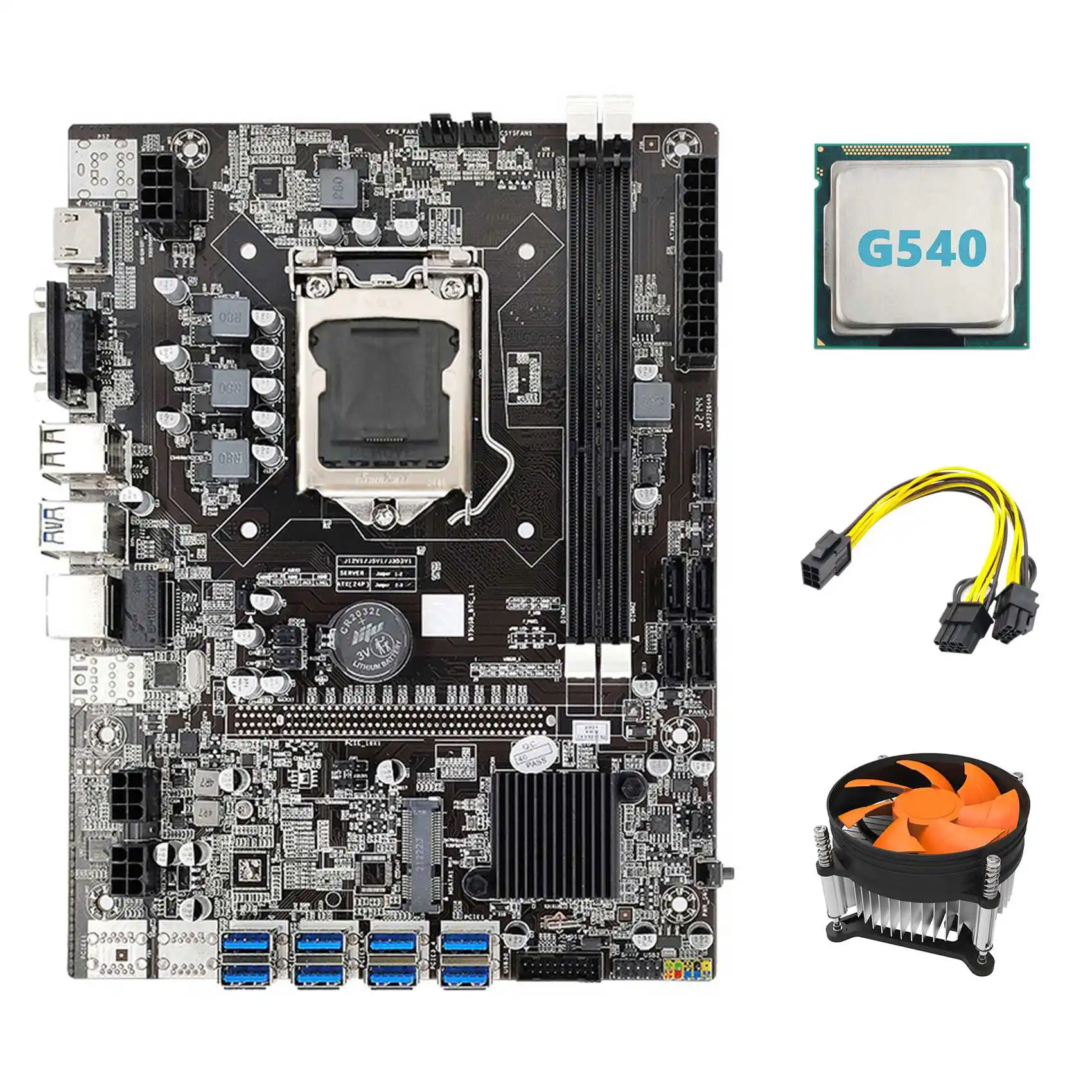 B75 USB ETH Mining Motherboard 8XPCIE to USB+G540 CPU+6Pin to Dual 8Pin Cable+Fan LGA1155 B75 BTC Miner Motherboard