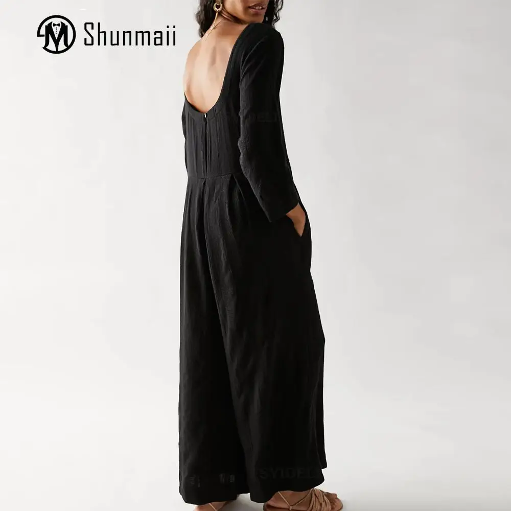 

Crew Neck Women Jumpsuits with Pockets Loose Fit Cargo Overalls Jumpsuit Long Sleeve Backless Jumpsuit Solid Color Daily Outfit