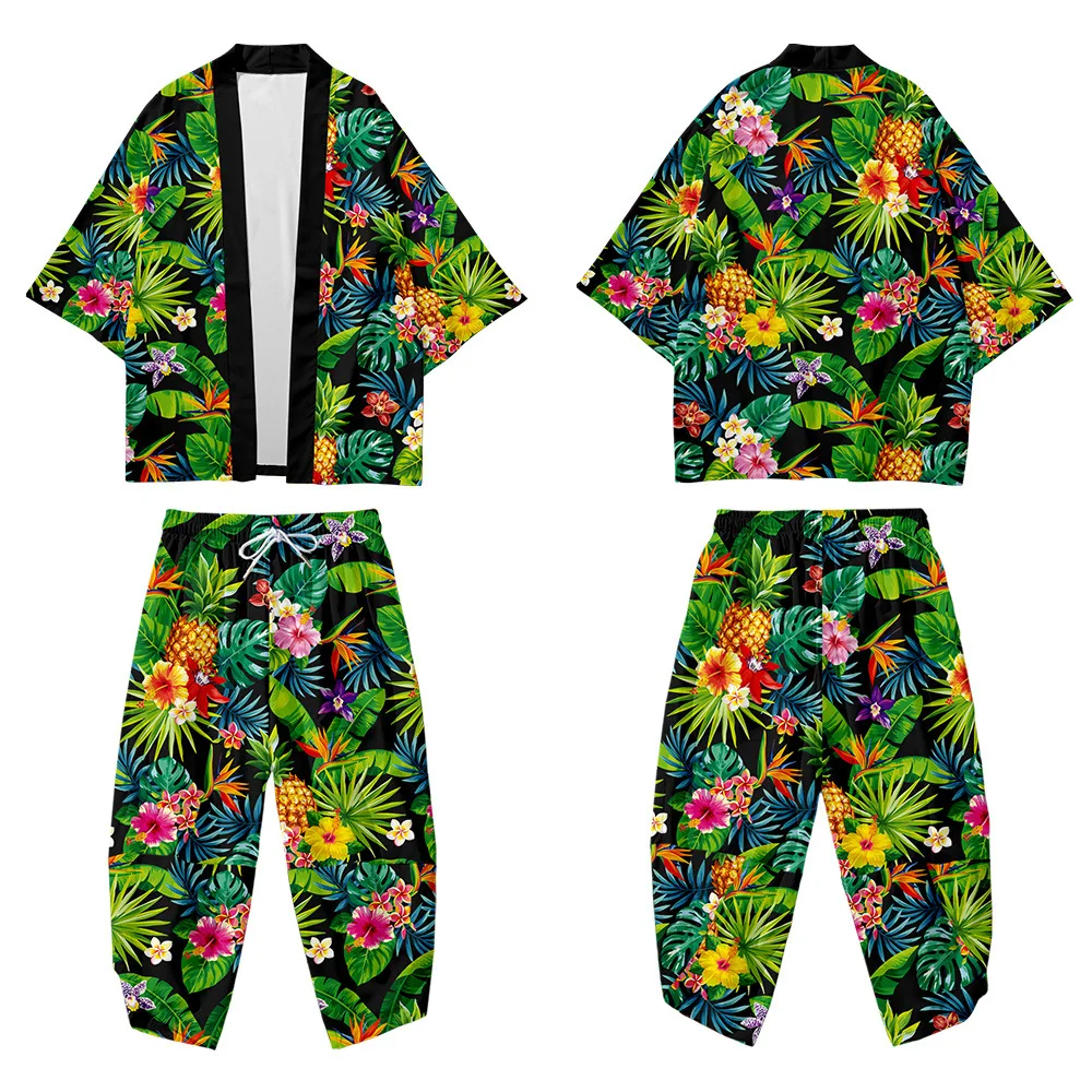 Men Print 2PCS Robe Sets Casual Loose Half Sleeve Kimono Robe Ankle-Length Sleep Bottoms Sleep Suit Large Size S-6XL Home Wear