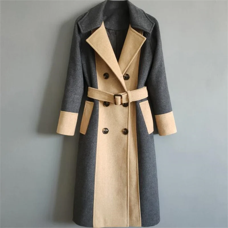 

Long woolen coat womens autumn winter new temperament color matching twill clothes black khaki fashion пальто manteau femme