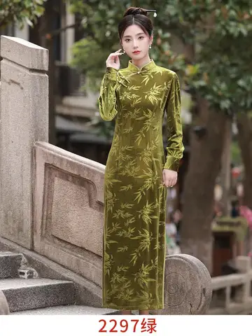Женское винтажное платье-Ципао в китайском стиле с воротником-стойкой, весеннее велюровое облегающее платье с длинным рукавом, женское платье