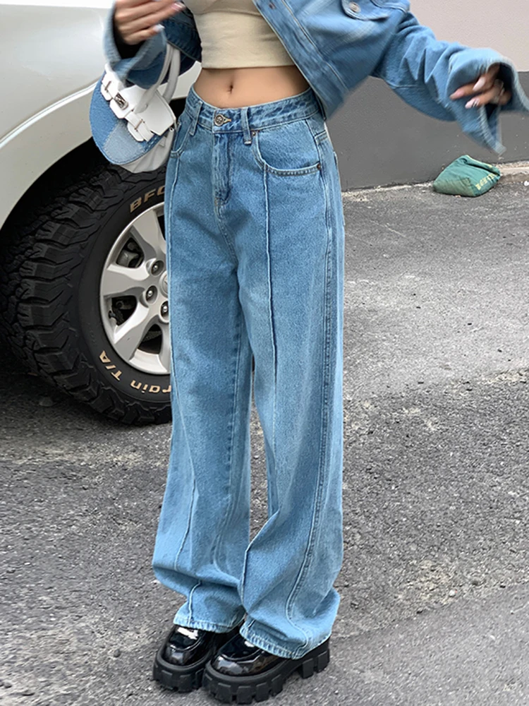 Stylish Low Waist Design Jeans Women's Straight Jeans Baggy Winter Denim Trousers Daddy Jeans Wide Leg Pants Light Blue 2023 New