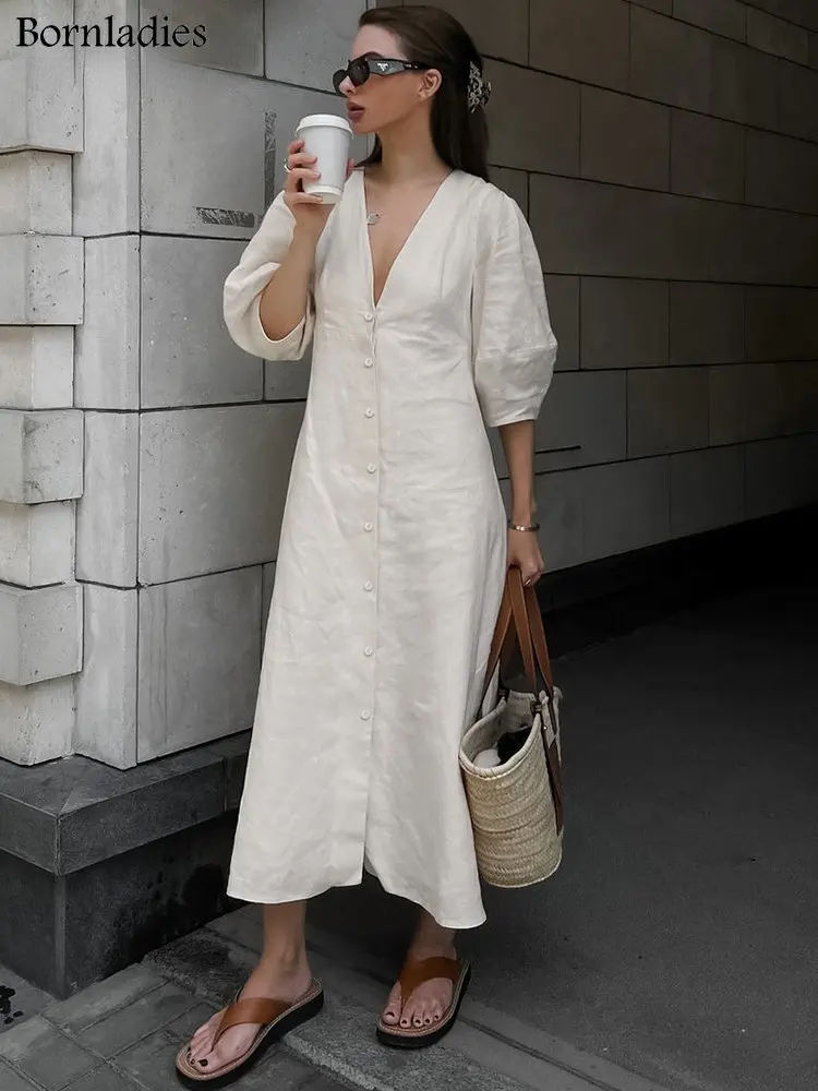 

Bornladies Sexy V Neck Backless Long Women Dresses Summer Beige Puff Three Quarter Sleeve Dress Cotton Linen Casual Dress Robe