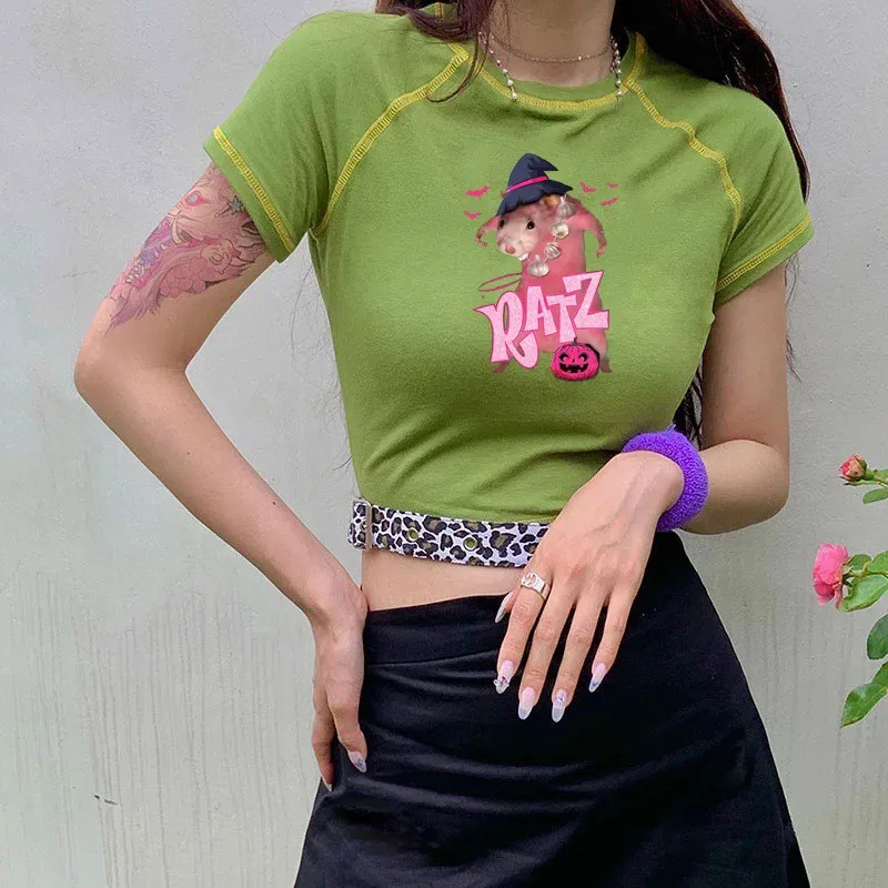 Y2K Женская одежда с розовой мышью футболка надписью топы облегающая летняя