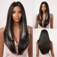 dark brown with highlight synthetic wigs long straight middle part wig for afro women cosplay heat resistant natural hair wigs