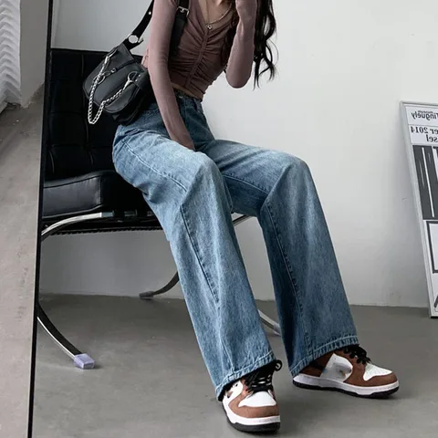 Women's High Waist Straight Jeans Streetwear Boyfriend High Street Full Length Denim Pants Vintage Blue Wide Leg Jeans Women