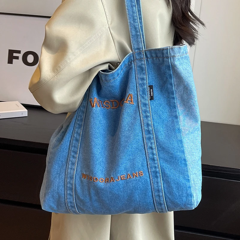 

Women's Light Blue Tote Bag Large Capacity Work Wear Style Ladies' Handbags Letter Print Denim Eco-friendly Female Shoulder Bags