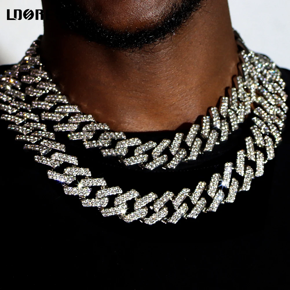 

Hip Hop 20MM Heavy Silver Cuban Chain Men's Necklace Iced Out AAA+ 2Row Paved Curb Miami Cuban Link Chain Necklaces Men Jewelry