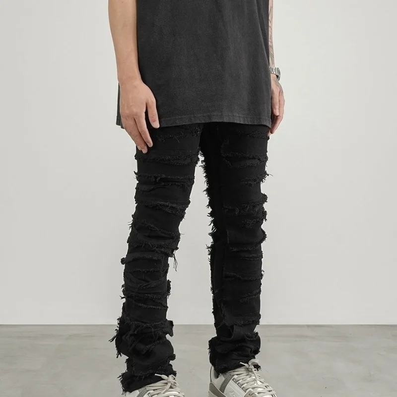 DEEPTOWN Ripped Jeans Men Heavy Destroyed Slim Denim Pants Gothic Casual Trousers Male Streetwear Punk Hip Hop Black Blue Spring