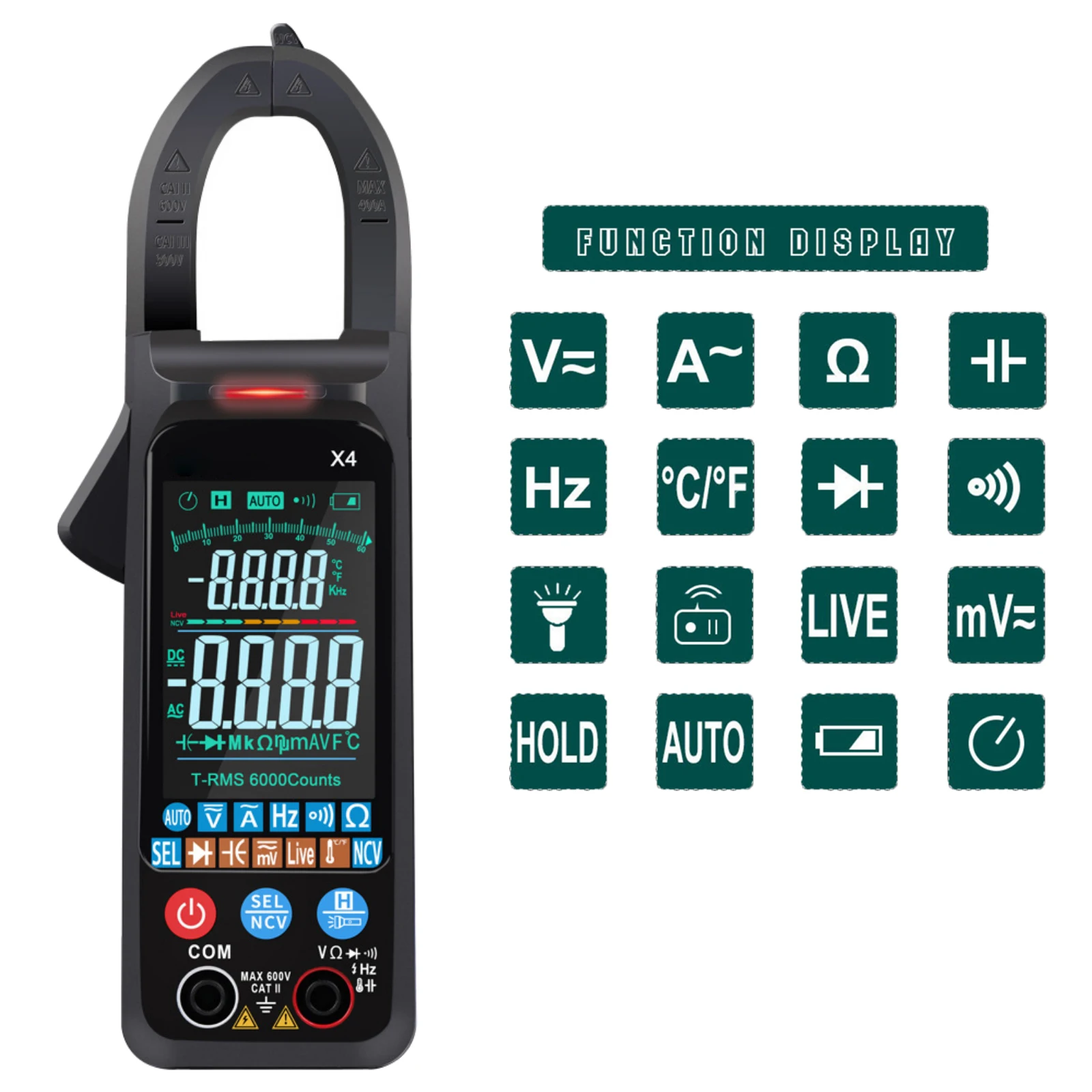 

X4 Multimeter Ammeter Voltage Tester Big Color Screen NCV Ohm Test Digital Clamp Meter Voltage AC Current Tester 6000 Counts