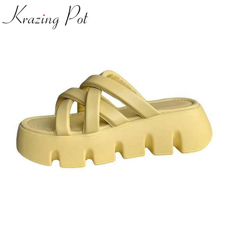 

Krazing Pot Genuine Leather Thick Bottom Summer Slides Waterproof Young Lady Daily Wear Leisure Cozy Solid Outside Slippers L16