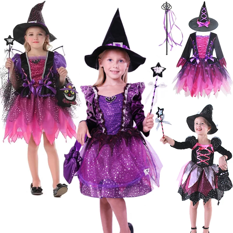 

2023 Halloween Cosplay Party Purple Witch Dress for Girls Carnival Bat Vampire Horror Ghost Masquerade Stage Performance Costume