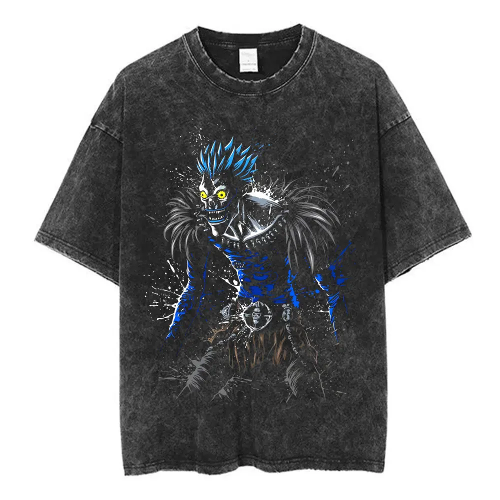 Фото Аниме Death Note Shinigami Ryuk Washed футболка Manga Light Yagami L футболка для мужчин и женщин хлопковые футболки с короткими рукавами уличная одежда №2