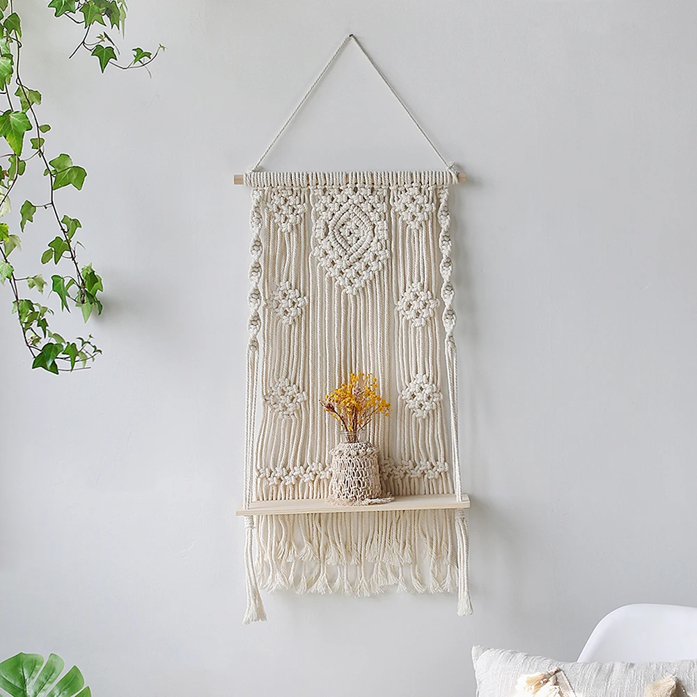 

Macrame Wall Shelf Boho Home Decor Hanging Shelf Wall Organizer Bedroom Storage Shelves flower Pot Stand Doll Stand Display Rack