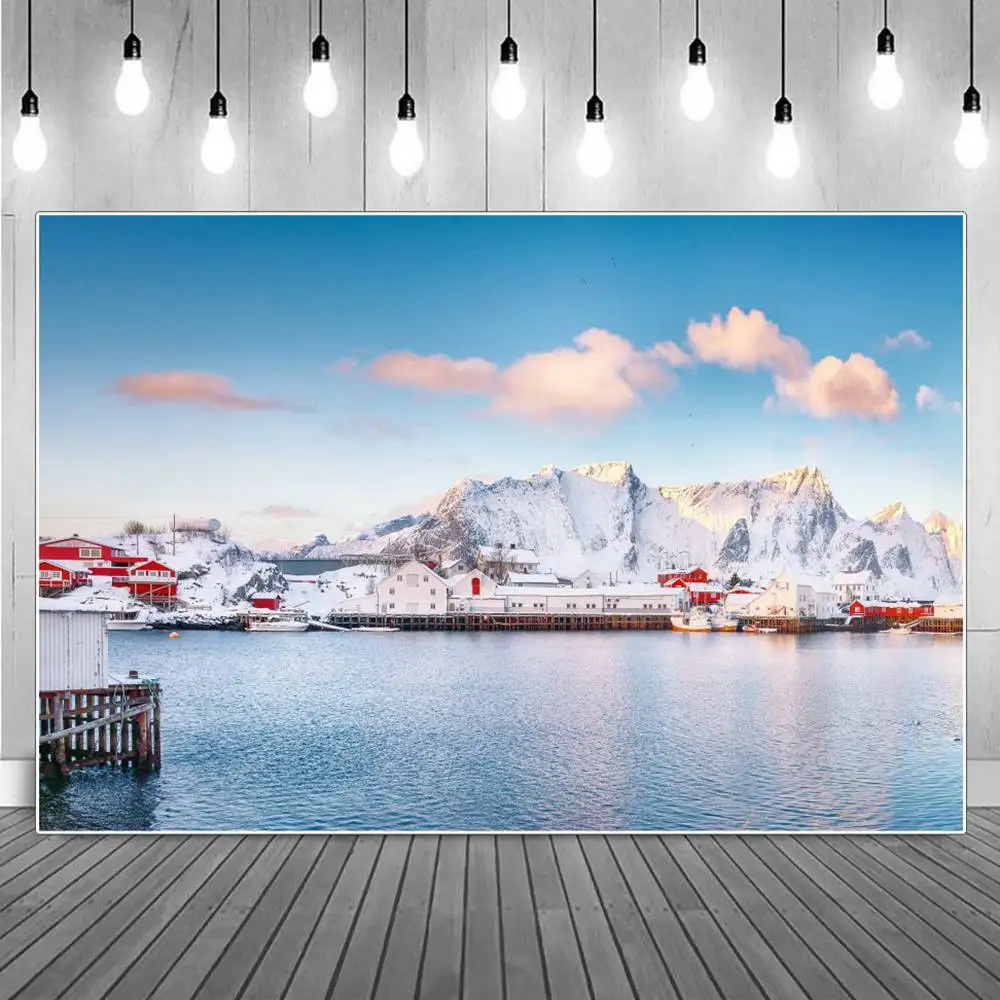 

Photography Backdrops Snow Mountain Town Decoration Tourist Attraction Winter Beach Bay Home Holiday Studio Photocall Background