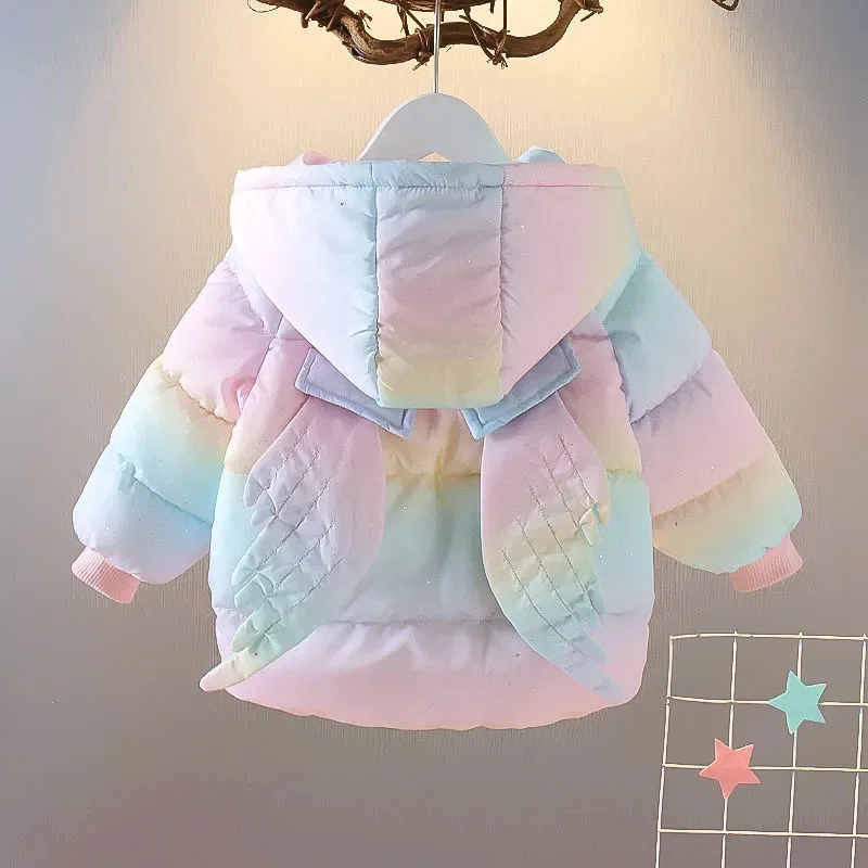 

2023 New Fashion Colorful Unicorn Jackets For Girls Coat Winter Warm Hooded Parka Snowsuit Cute Wing Children Outerwear Clothing