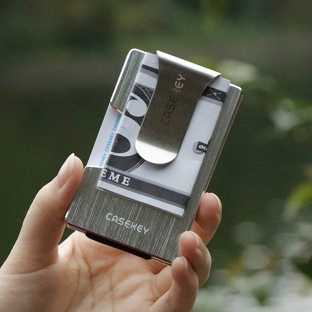 CASEKEY Men Slim Wallet Front Pocket Rfid Minimalist Credit Card Holder for Male Metal Purse with Money Clip Small Wallet