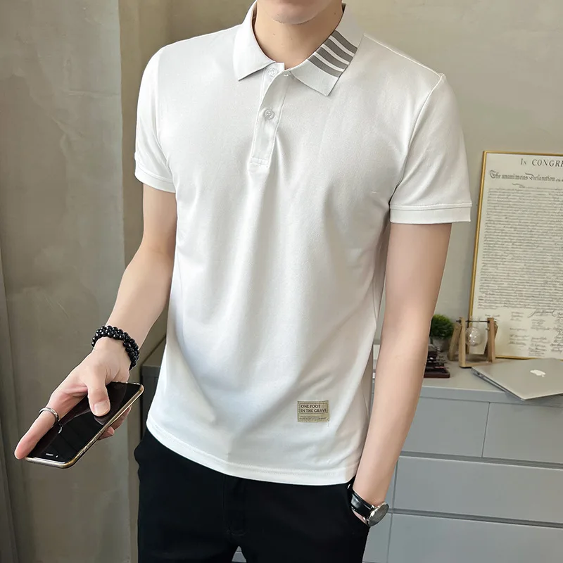 2023 Shopkeeper Style Men's Simple T-shirt Trendy Men's Lapel Striped Embroidered T-shirt Polo Shirt Slim Handsome Half Sleeve T