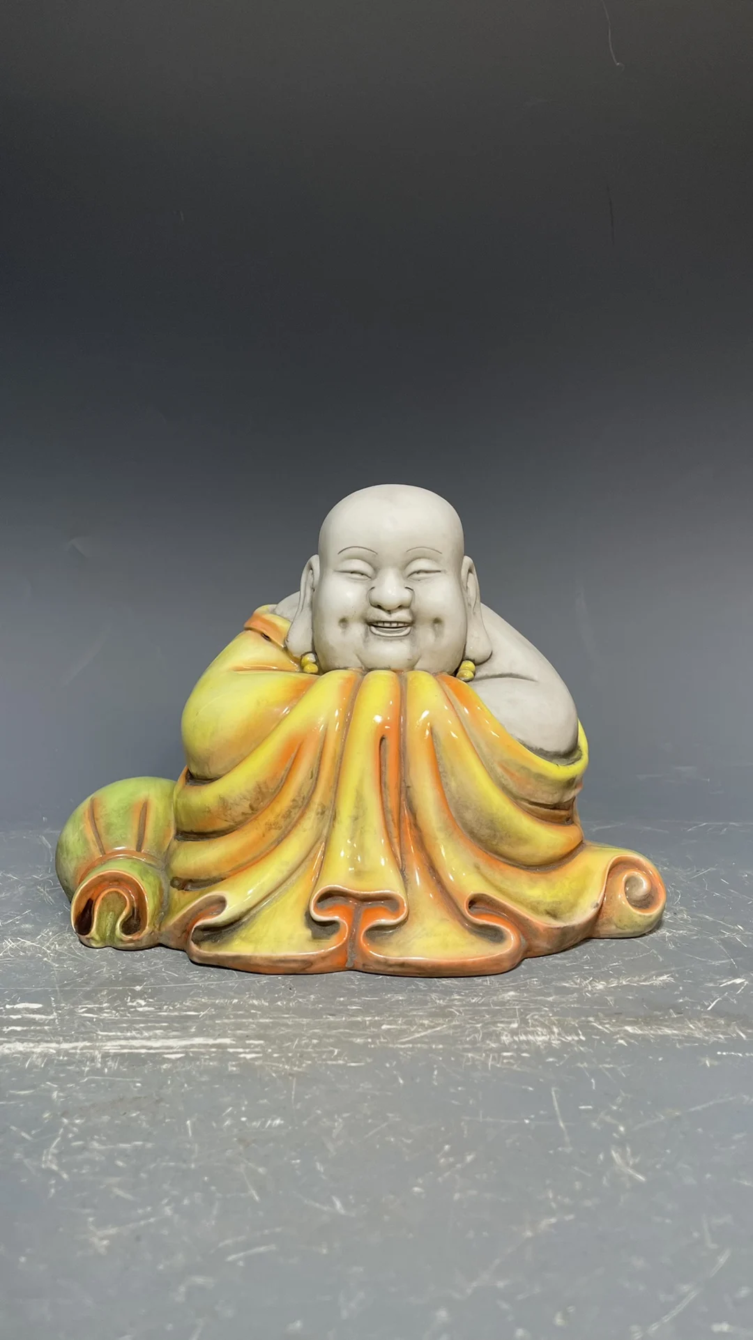 

9"Chinese Folk Collection Old Jingdezhen Porcelain painted golden bag Maitreya Big Belly Buddha Gather fortune worship buddha