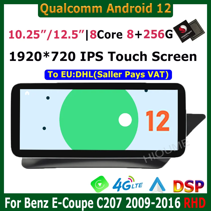 

12.5" Android 12 Snapdragon 8+256G Car Multimedia GPS Radio Carplay For Mercedes Benz E Coupe 2-Door C207 E207 2009-2015 RHD