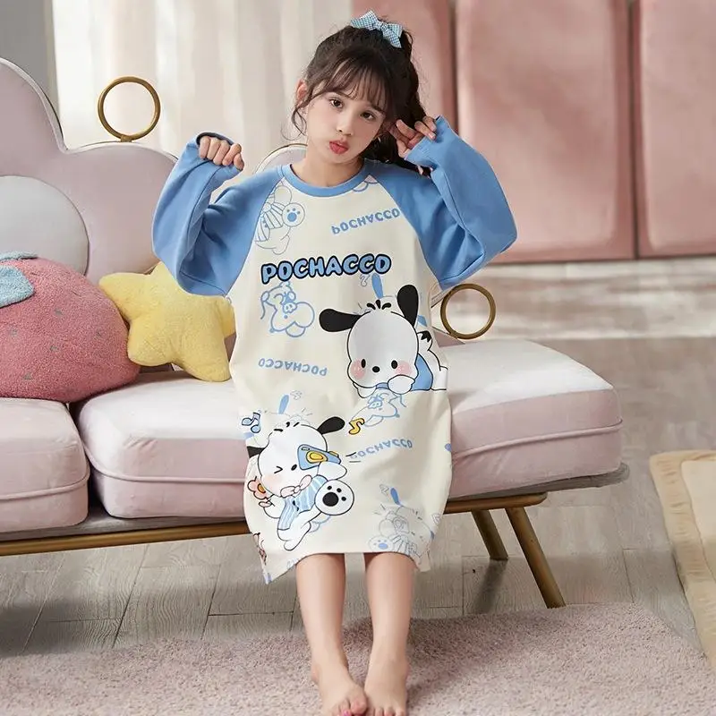 

Пижамное платье Sanrio для родителей и детей, летняя Детская тонкая Домашняя одежда с длинным рукавом, хлопковая Удобная Пижама с котенком полако