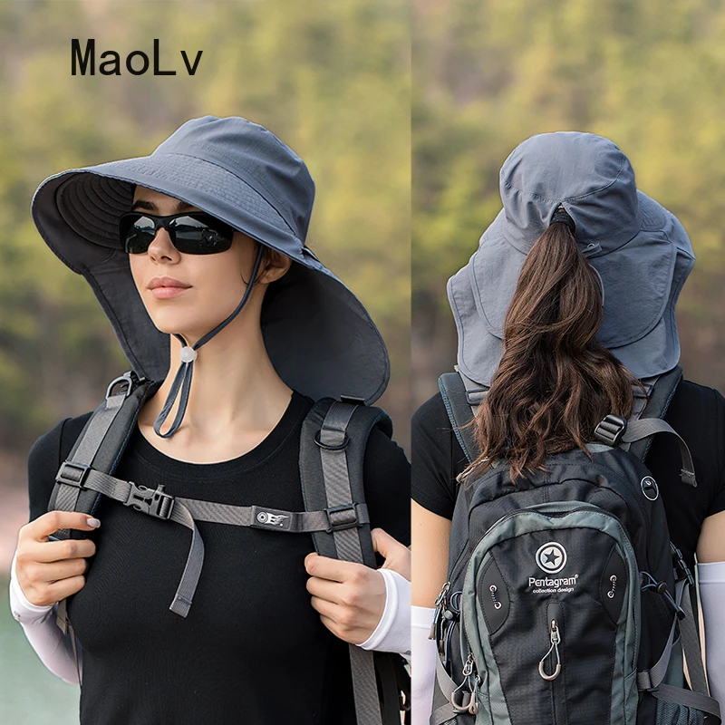 Summer Hats for Women Outdoor UV Anti Neck Protection Sun Visors for Women Fishing Hiking wide brim Shawl Sunscreen Ponytail Cap