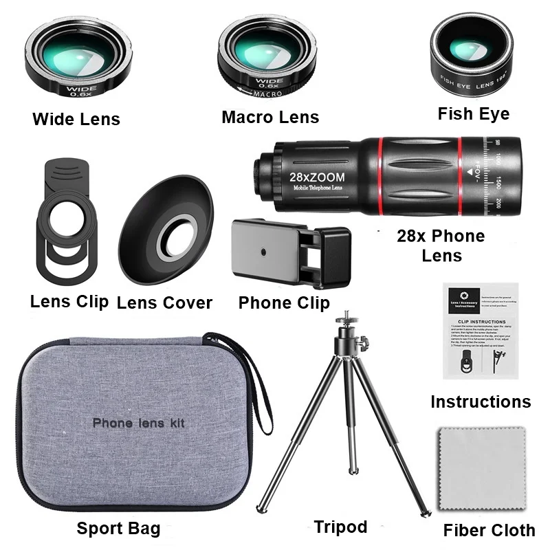 Tongdaytech HD 4K 28X Telescope Lens Zoom Phone Camera Fish Eye Marco Lentes With Tripods For Iphone Samsung Xiaomi Smarphone
