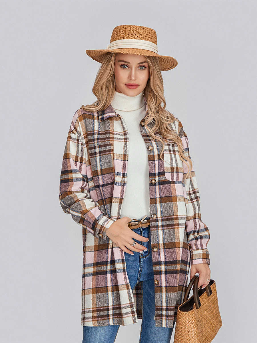 

Women’s Plaid Print Shacket Jacket Long Sleeve Lapel Button Down Casual Flannel Coat
