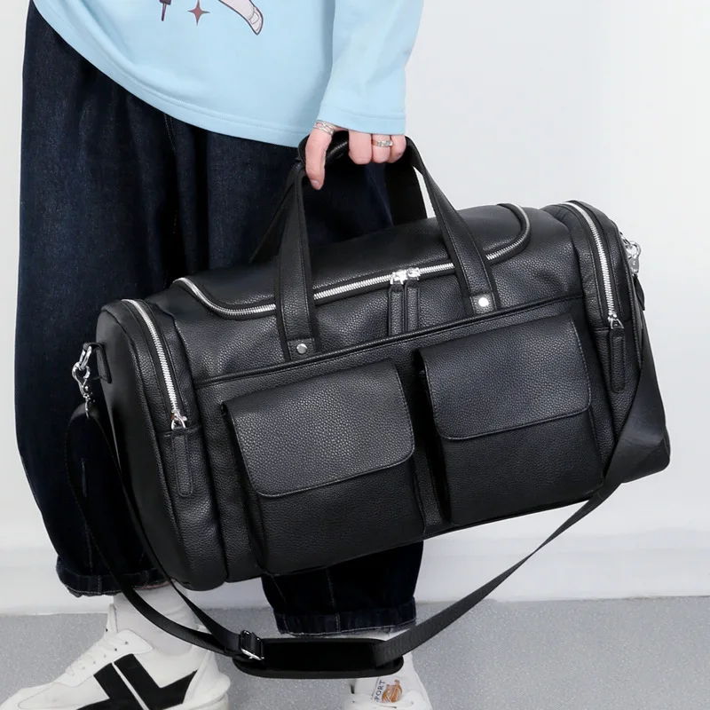 Large Capacity Business Men Travel Bag Carry on Luggage Bag Man Hand Duffel Bag PU Leather Shoulder Bag Male Gym Tote Bag