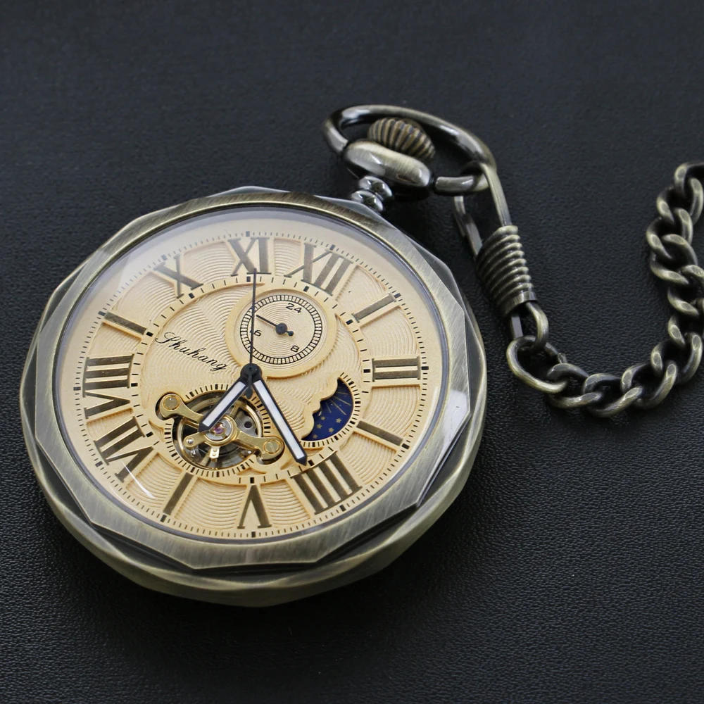 Antique Moon Phase Flywheel High Quality Mechanical Pocket Watch Retro Men's Necklace Pendant Clock Women's Jewelry Gift