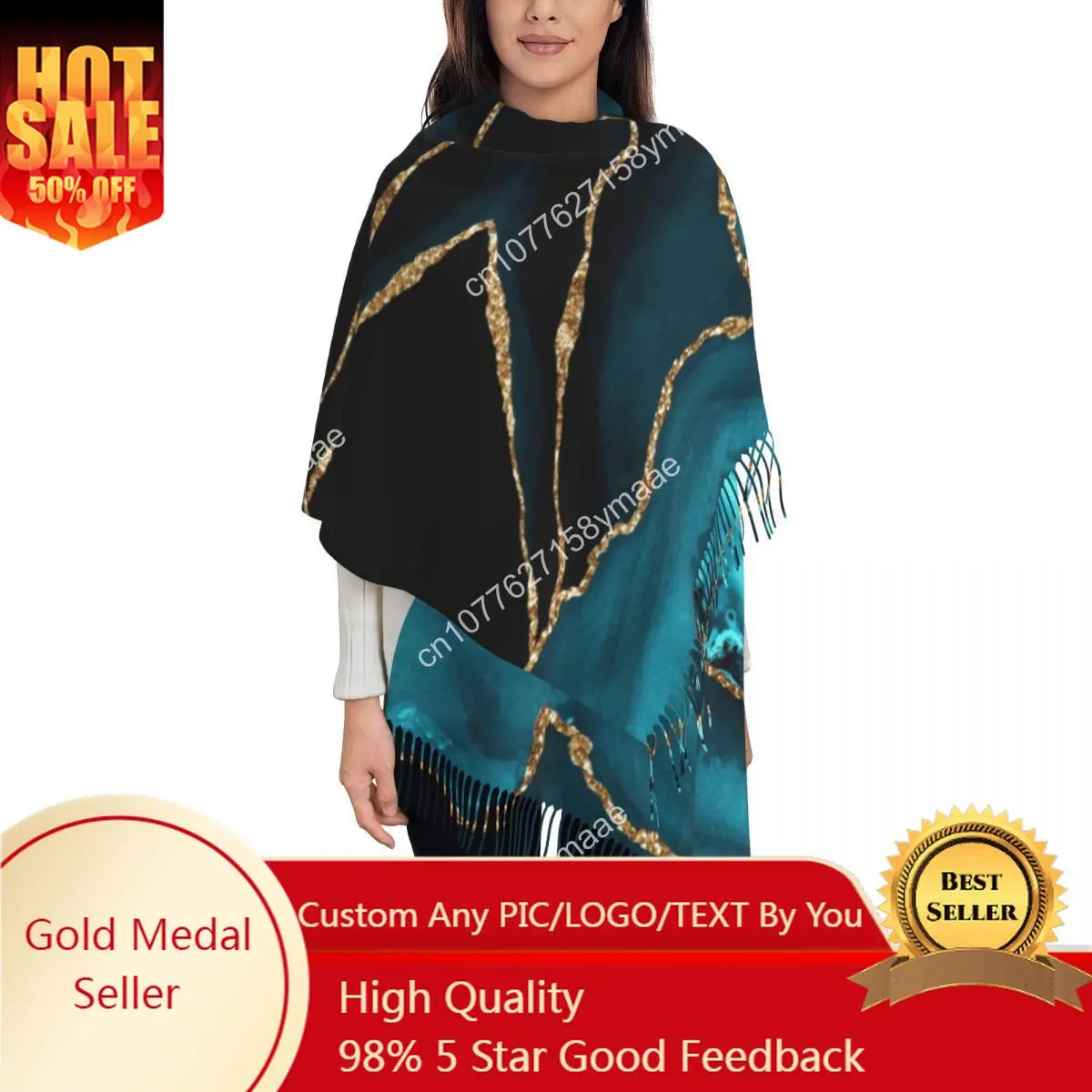 

Stylish Teal Blue And Gold Hues Marble Agate Tassel Scarf Women Winter Fall Warm Shawls Wraps Female Geometric Modern Scarves