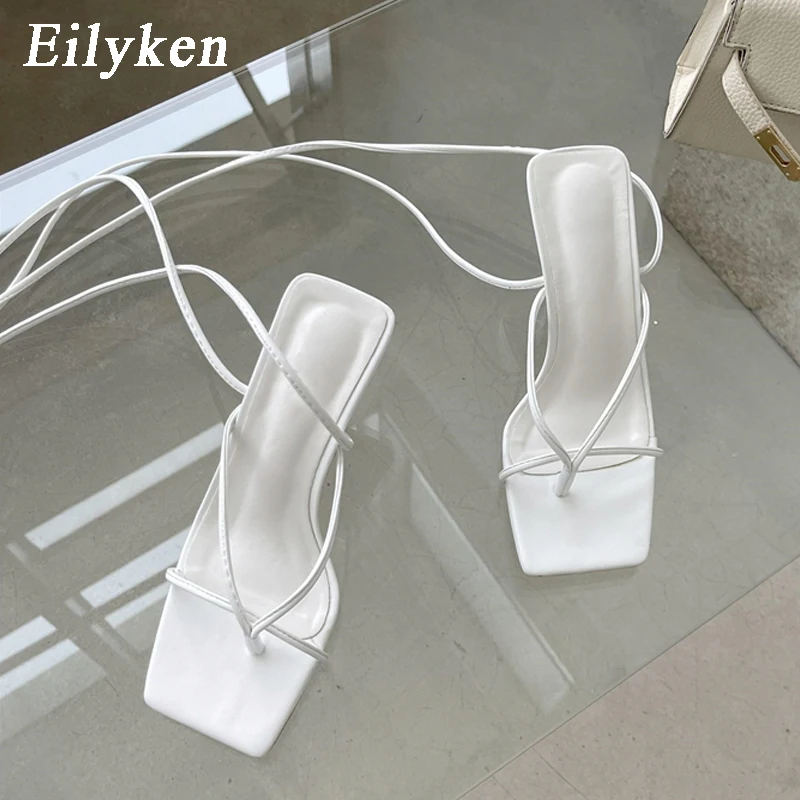 Eilyken Black White Women Sandals Summer Ankle Lace-Up Office Work Ladies Simple Flip Flops Thin High Heel Casual Shoes