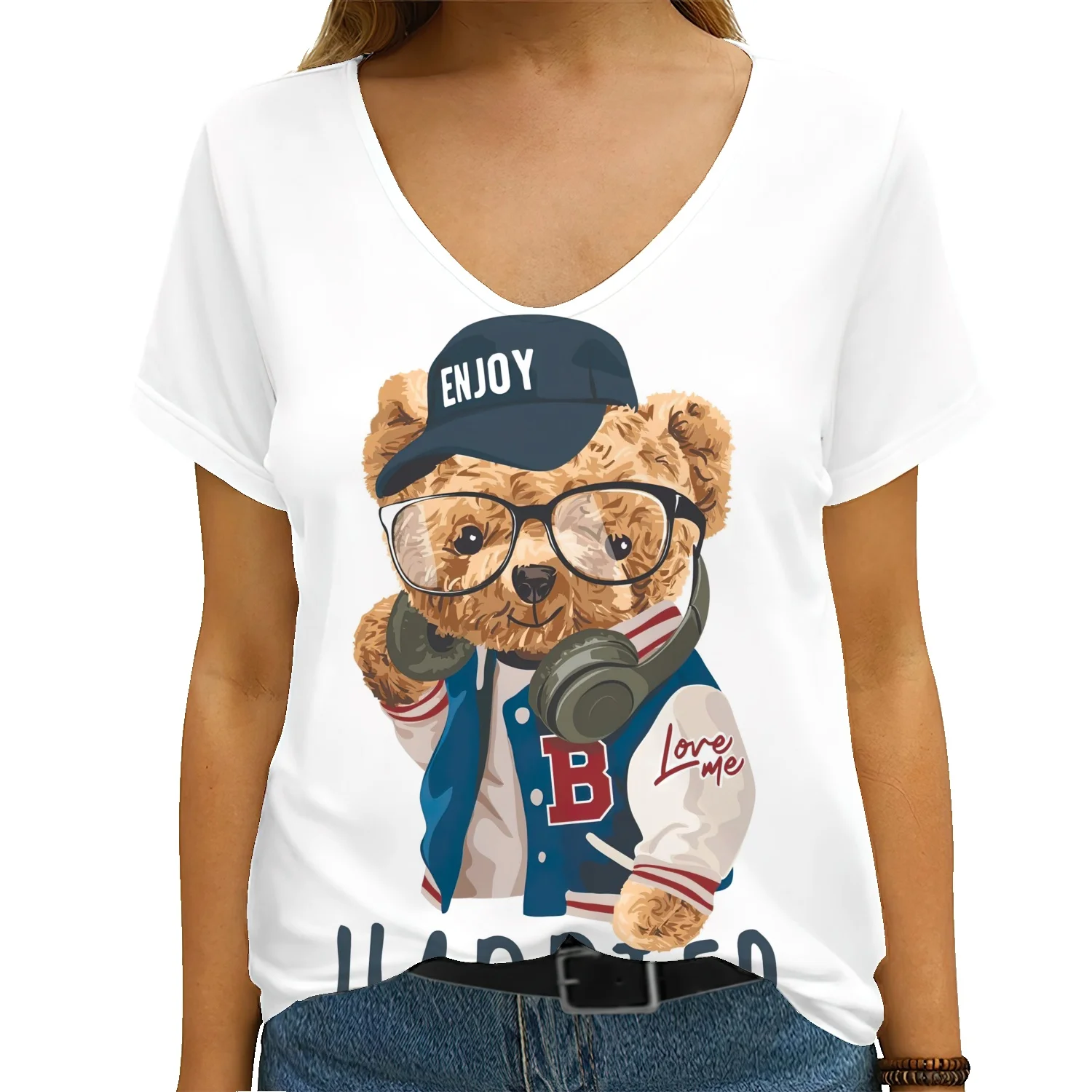 

Женская футболка с коротким рукавом, V-образным вырезом и 3D-принтом медведя