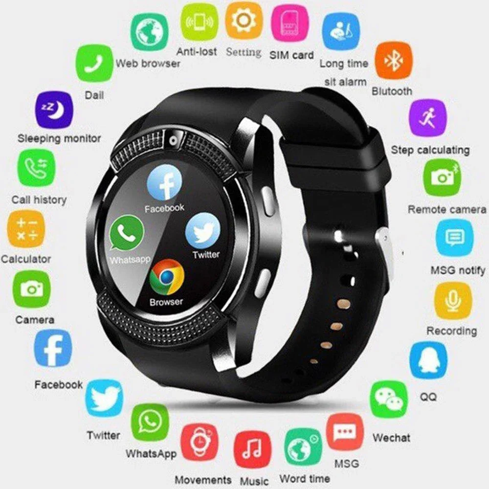 

2023 V8 Смарт-часы мужские Bluetooth спортивные часы женские модные часы Смарт-часы с камерой слотом для Sim-карты Android IOS PK DZ09