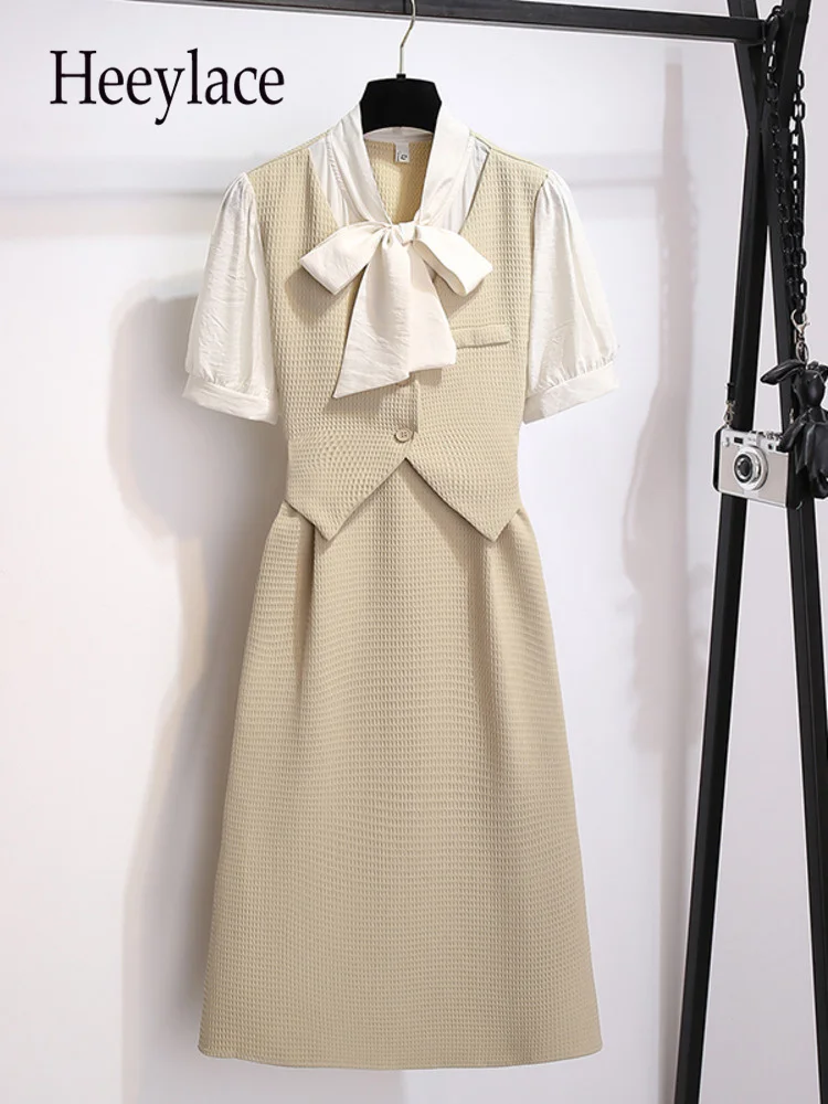 

Платье женское средней длины с бантом на воротнике, элегантное офисное пэчворк из двух предметов, с коротким рукавом, с завышенной талией, халат 4XL, на лето