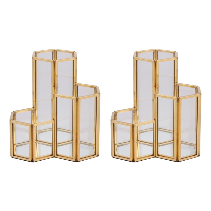 

2X Glass Copper Hexagon Composite Pen Holder Makeup Brush Glass Box Multifunction Desktop Organizer Office Accessories