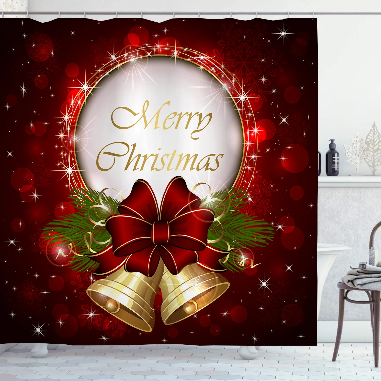 

Рождественская занавеска для душа, Рождественский бант с колокольчиками, традиционный зимний сезон, тканевый Декор для ванной комнаты, зан...