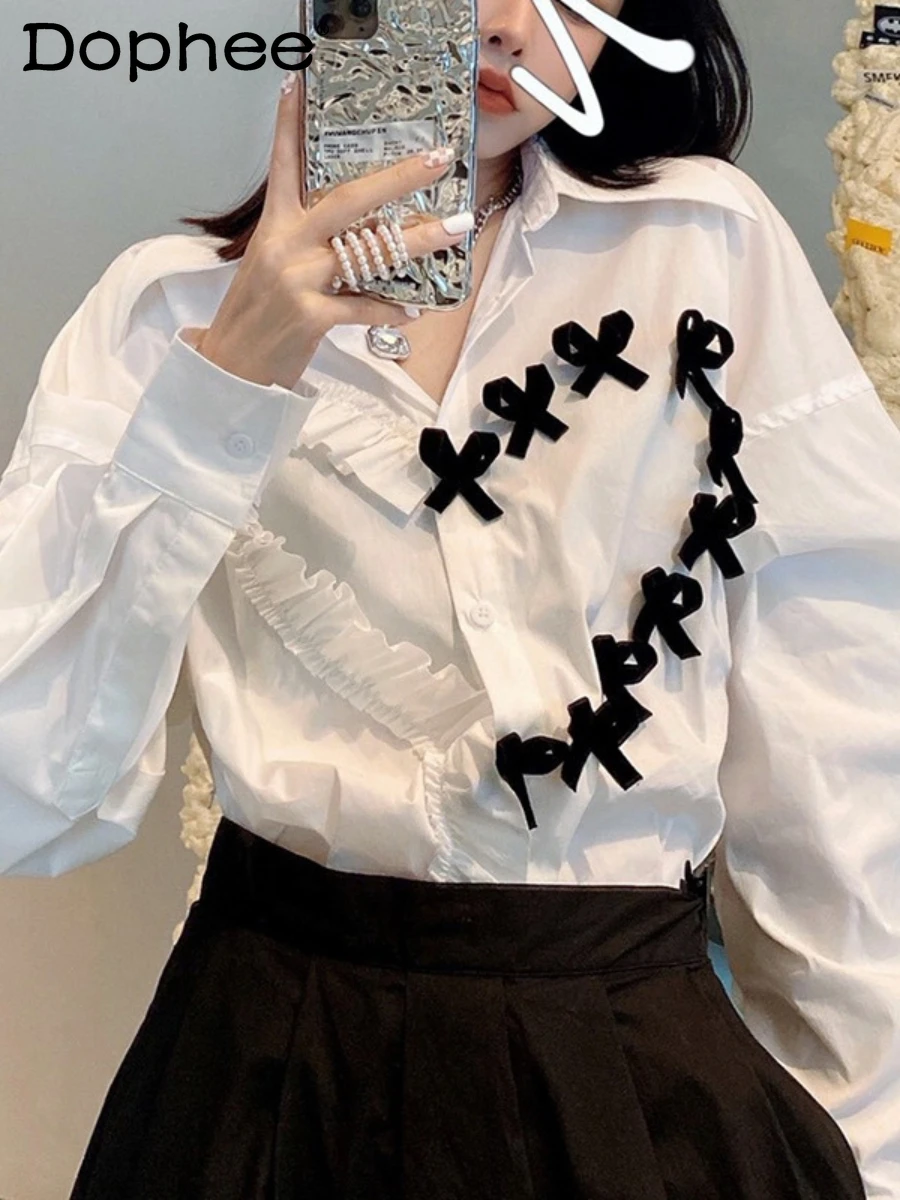 

Elegant Polo Collar Long Sleeve Love Heart Bow Tie Design Loose White Shirt Blouse Top Women 2022 Spring and Summer Blusas Mujer