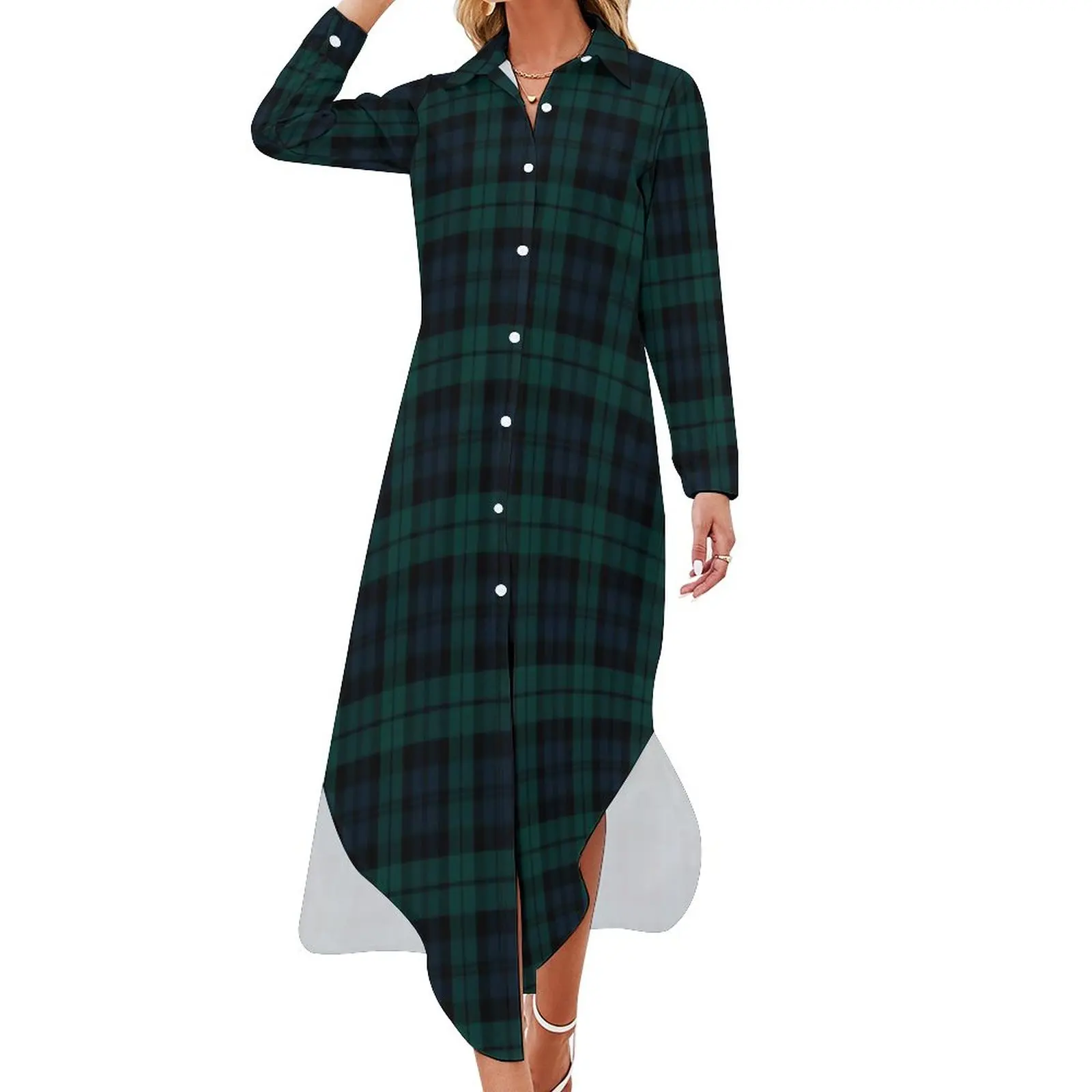 

Retro Plaid Green Chiffon Dress Black Watch Tartan Vintage Dresses Long Sleeve Stylish V Neck Graphic Oversized Casual Dress