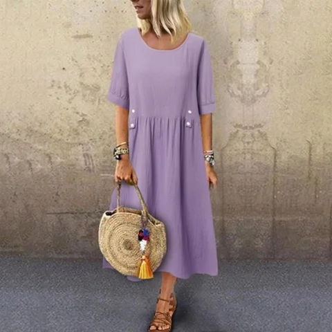 2023 Spring Summer Casual  Women Dress Solid Color O Neck Pockets Button Decor Mid-Calf Elegant Loose Party Dresses