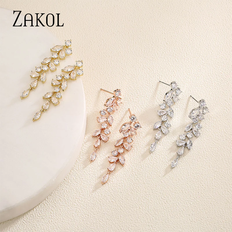 Украшения Женские ukol с фианитами длинные в форме листьев для невесты EP5327